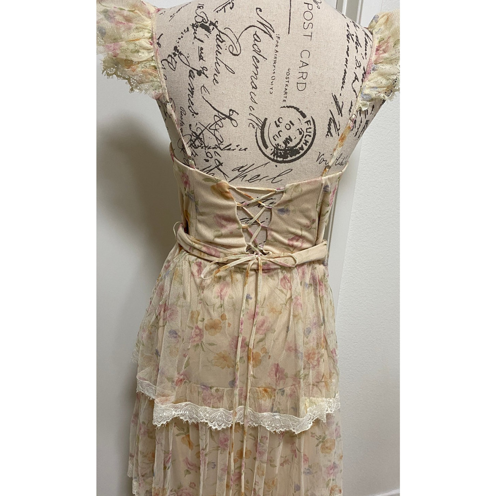 Lulus Dress Womens Small Cream Floral Lace Tiered Midi Ruffle Romantic Fairy - Picture 8 of 16